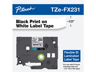Cinta flexible laminada texto negro sobre fondo blanco Brother TZe-FX231