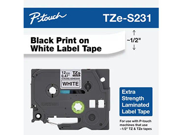 Cinta de laminado extra resistente texto negro sobre fondo blanco Brother TZe-...