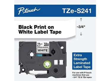 Cinta de laminado extra resistente texto negro sobre fondo blanco Brother TZe-...