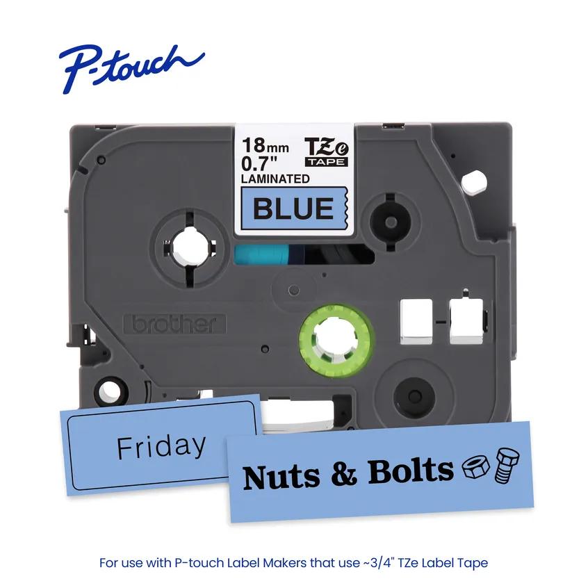 Cassette de cinta laminada Brother TZe-541 de 18 mm junto a dos etiquetas azules de ejemplo con los textos “Friday” y “Nuts & Bolts”.