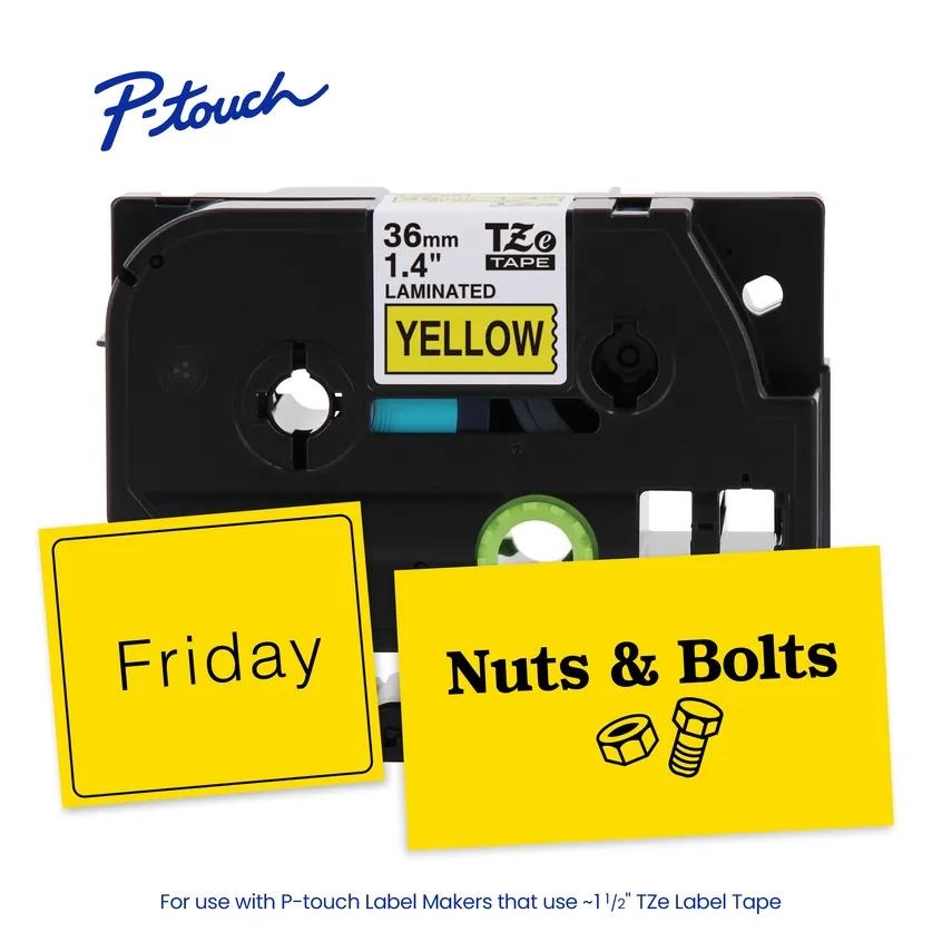 Cassette de cinta laminada Brother TZe-661 de 36 mm junto a dos etiquetas amarillas de ejemplo con los textos “Friday” y “Nuts & Bolts”.