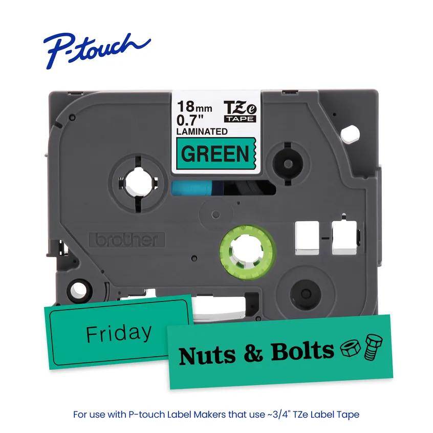 Cassette de cinta laminada Brother TZe-741 de 18 mm junto a dos etiquetas verdes de ejemplo con los textos “Friday” y “Nuts & Bolts”.