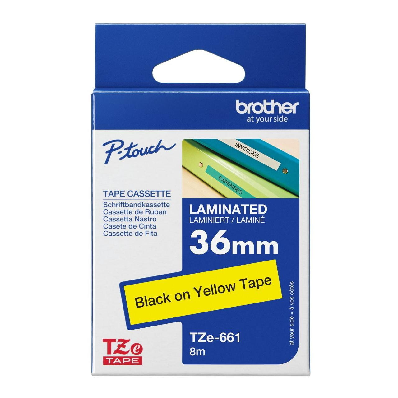 Envase oficial de la cinta laminada Brother TZe-661 de 36 mm con una muestra de texto negro sobre fondo amarillo.