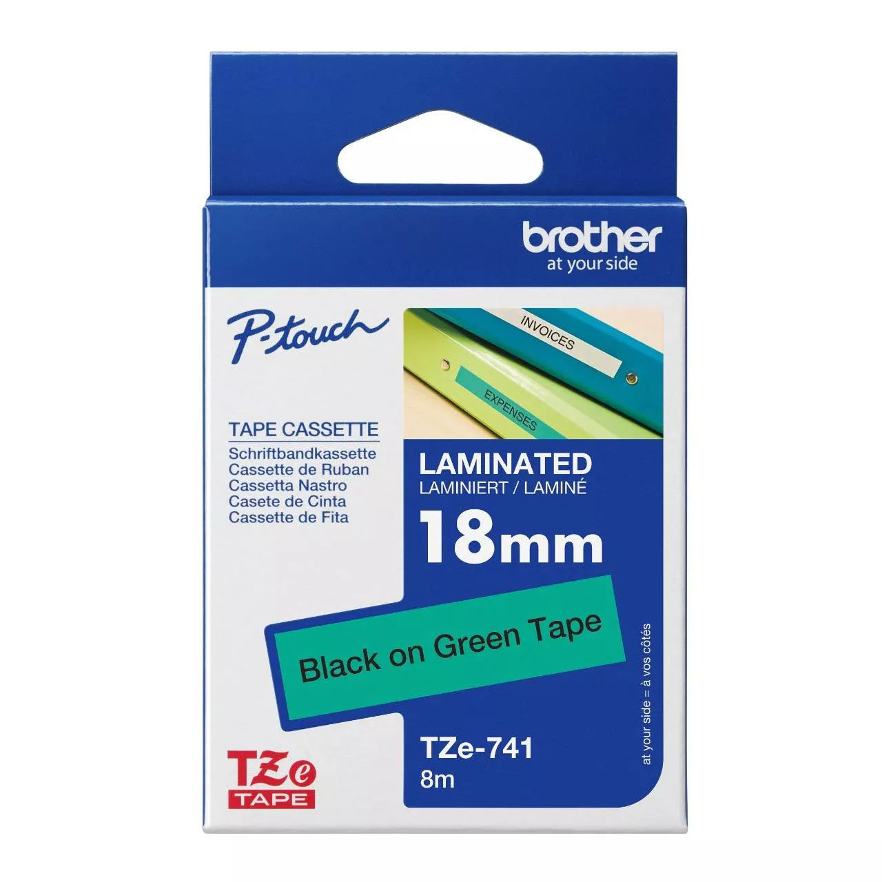 Envase oficial de la cinta laminada Brother TZe-741 de 18 mm con una muestra de texto negro sobre fondo verde.
