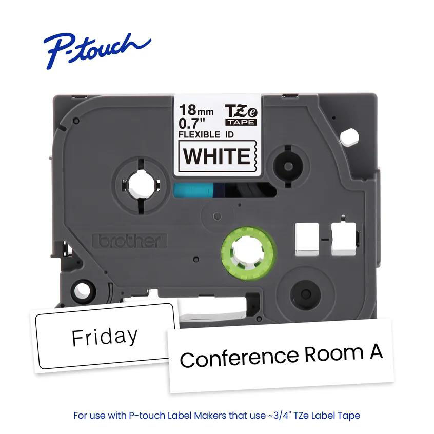 Cassette de cinta flexible Brother TZe-FX241 de 18 mm junto a etiquetas blancas de ejemplo con los textos “Friday” y “Conference Room A”.