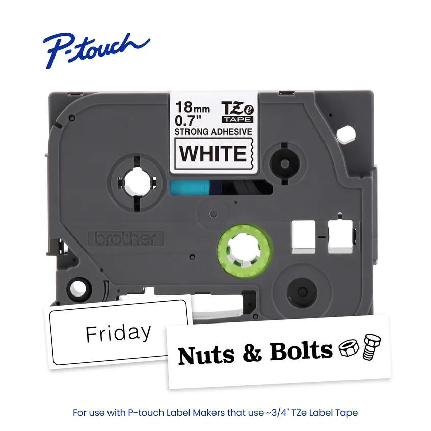 Cassette de cinta Brother TZe de 18 mm con adhesivo extrafuerte, junto a etiquetas blancas de ejemplo con los textos “Friday” y “Nuts & Bolts”.