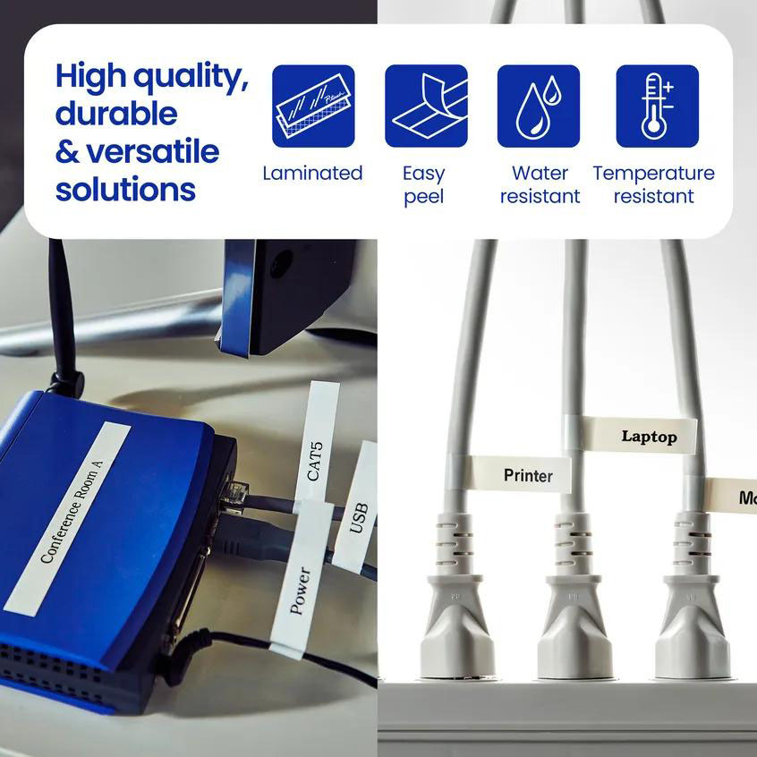 Equipo y cables identificados con etiquetas flexibles blancas para sala de reuniones, CAT5, USB, alimentación, impresora, notebook y monitor.