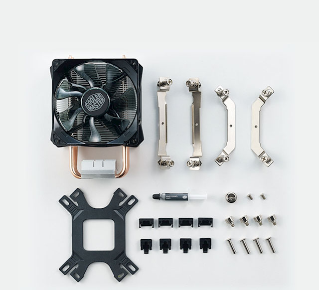Vista superior de las partes del sistema de montaje sin herramientas incluidas con el disipador Cooler Master Hyper H411R, brackets universales, tornillos, pasta térmica, etc.