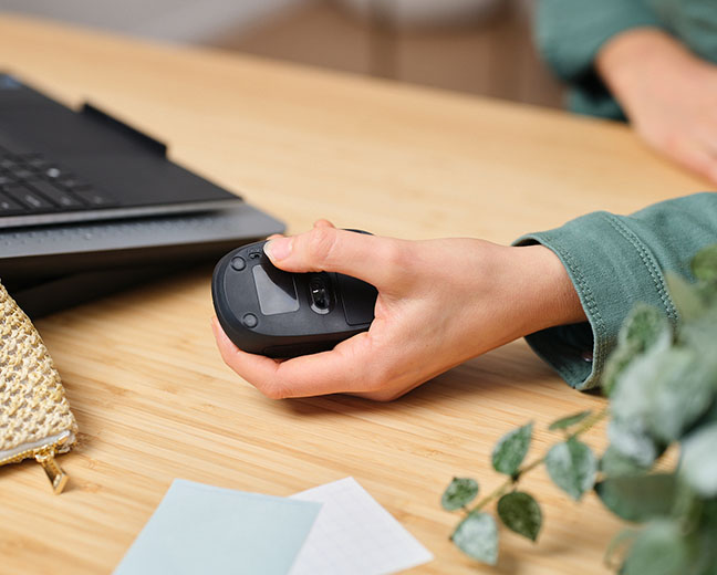 La imagen muestra la mano de una persona sosteniendo un Mouse inalámbrico compacto Bluetooth® Trust Primo en una mesa de madera. Detallando la parte inferior del mouse, junto a una computadora portátil. Alrededor, se encuentran elementos decorativos como plantas y papeles.