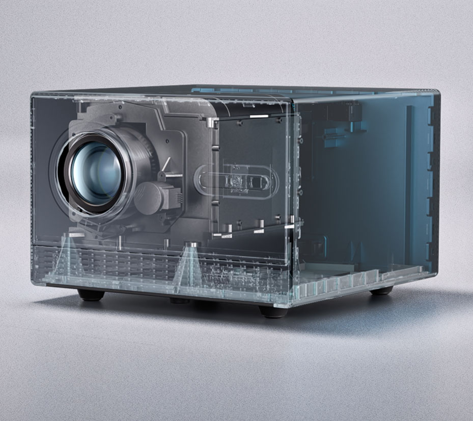 Vista transparente del proyector ViewSonic LX60HD que muestra sus componentes internos y lente frontal