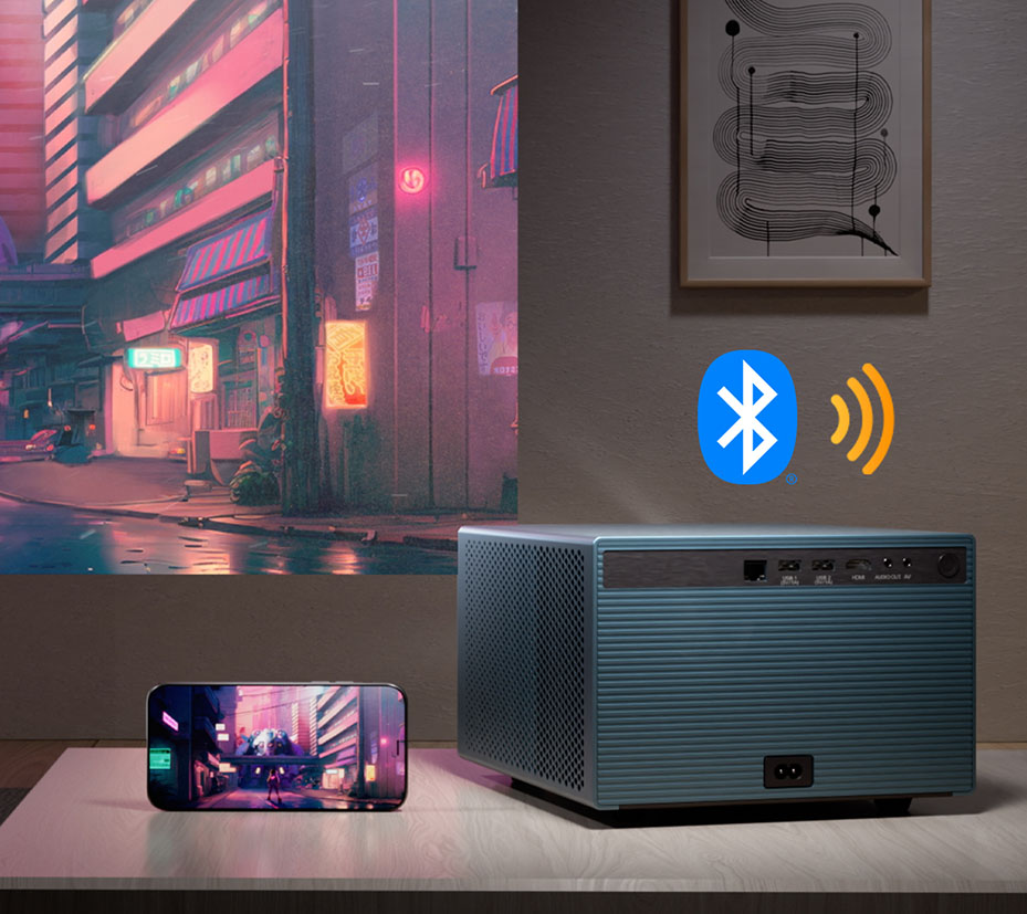 Proyector ViewSonic LX60HD con conexión Bluetooth inalámbrica, proyectando contenido desde un smartphone en una pared