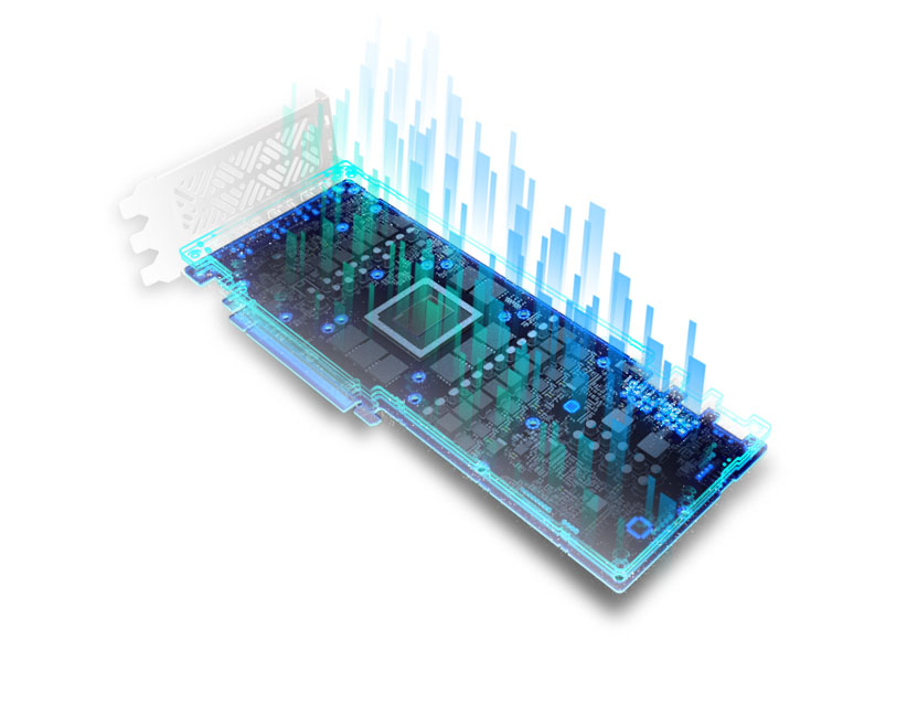 PCB de Cobre de Alta TG. Placa de circuito con un microchip central y barras de progreso holográficas en azul ascendiendo desde la superficie, sobre fondo blanco.