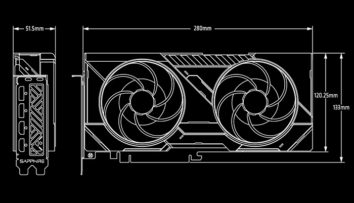 Dimensiones de la Placa de video SAPPHIRE PULSE AMD Radeon™ RX 9070 16GB. 280 mm (L) X 120.25 mm (W) X 51.5 mm (H)
