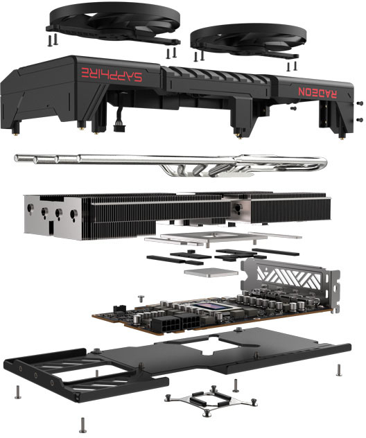 Vista explotada de las partes de la placa SAPPHIRE PULSE AMD Radeon™ RX 9070 16GB