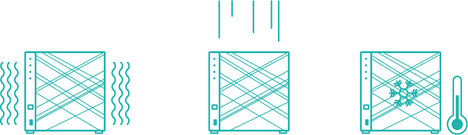 Tres ilustraciones lineales de un NAS Asustor que representan su resistencia; la primera muestra ondas laterales de vibración, la segunda líneas verticales de impacto y la tercera un copo de nieve con un termómetro, destacando la durabilidad del Drivestor 4 frente a distintos entornos.