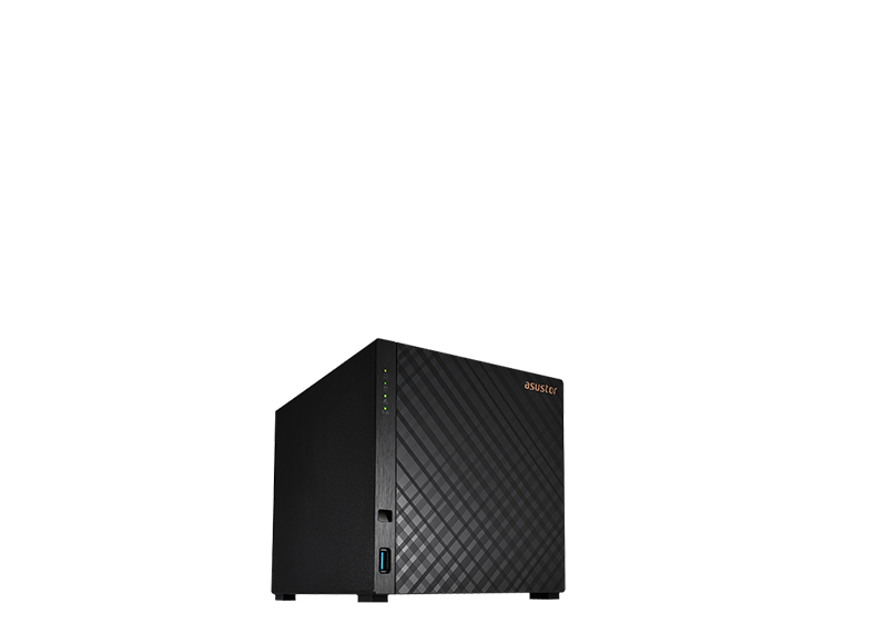 Vista frontal y lateral en perspectiva del NAS Asustor DRIVESTOR 4 (AS1104T) de color negro, donde se aprecian el logo de la marca en Rose Gold, indicadores LED, el botón de encendido y un puerto USB frontal.