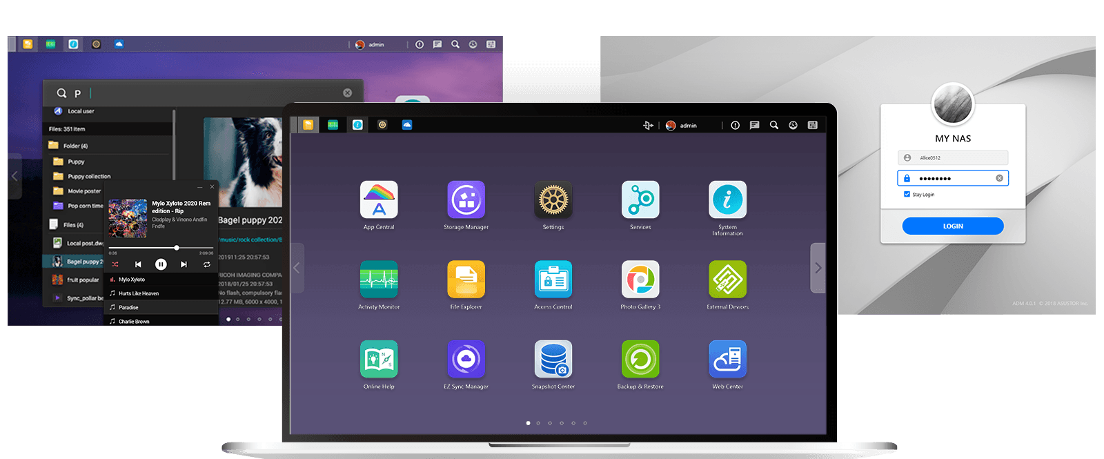 Captura de pantalla de la interfaz ADM en una laptop y un monitor, mostrando el escritorio con íconos de aplicaciones y la ventana de inicio de sesión para que gestiones tu NAS.