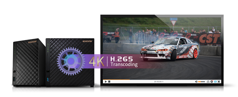 Ilustración del NAS Drivestor 4 junto a una pantalla que muestra un video, destacando su capacidad de transcodificación 4K H.265 para que disfrutes de tu contenido multimedia.