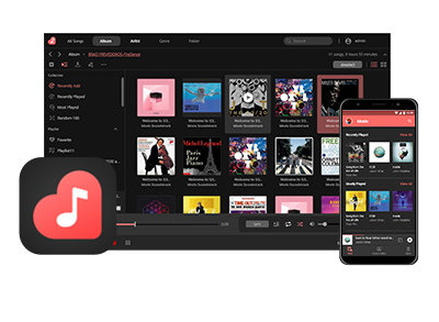 Interfaz de la aplicación de música mostrada en una computadora y un celular, donde podés ver tu biblioteca de álbumes con portadas, listas de reproducción y controles de reproducción en ambos dispositivos.