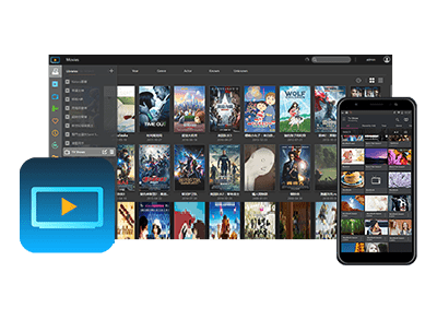 Interfaz de la aplicación LooksGood de Asustor en una computadora y un celular, donde podés gestionar y mirar tu colección de películas y videos guardados en el NAS.