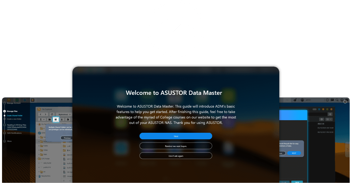 Captura de pantalla de la interfaz de ASUSTOR Data Master donde podés ver la guía de bienvenida para la configuración inicial de tu NAS.