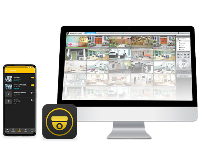 Interfaz de Surveillance Center en un monitor mostrando múltiples canales de cámaras de seguridad en vivo y la aplicación móvil AiSecure en un smartphone para que monitoreés todo desde cualquier lugar.