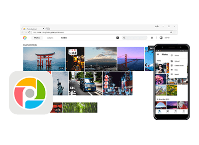 Interfaz de la aplicación Photo Gallery de Asustor mostrada en un monitor de computadora y en un smartphone, donde podés ver y gestionar tus fotos guardadas en el NAS.