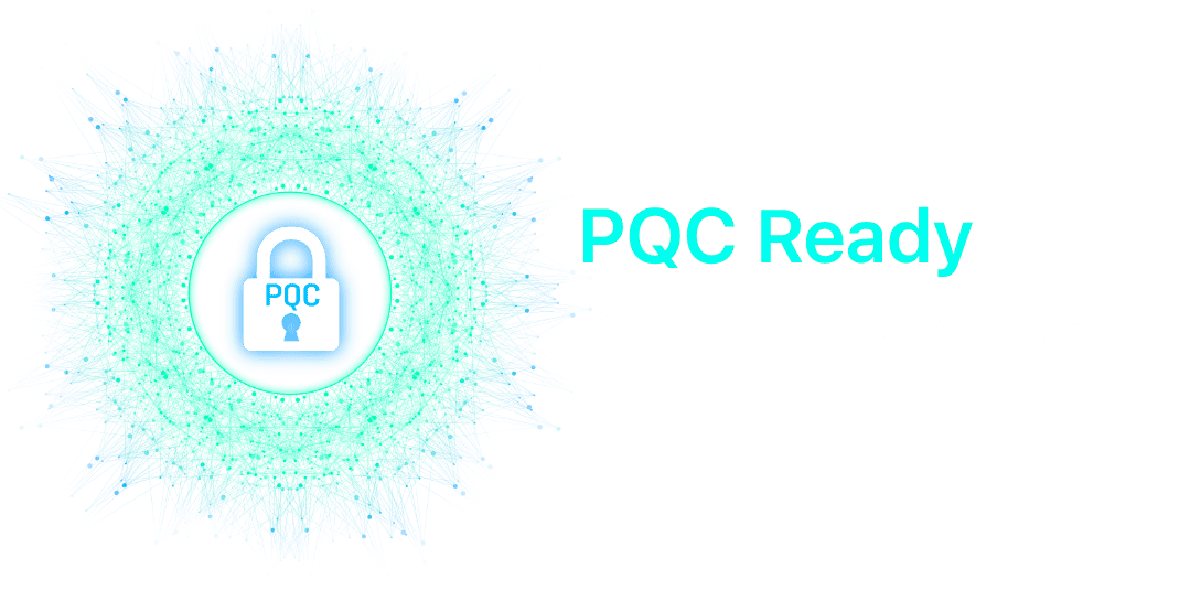 Icono de un candado con el texto PQC y una red digital, que simboliza la protección contra futuros ataques cuánticos.