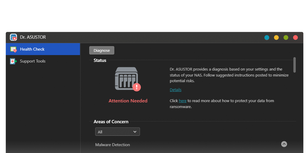 Interfaz de la aplicación Dr. ASUSTOR mostrando un chequeo de salud del sistema con un aviso de atención para que mantengás tu NAS protegido y optimizado.