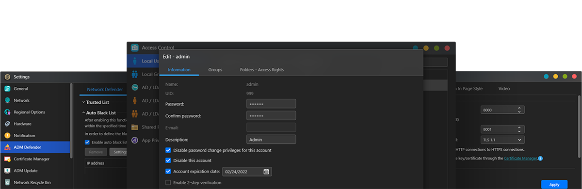 Interfaz del sistema operativo ADM de Asustor mostrando configuraciones de seguridad. Podés ver opciones para administrar usuarios, establecer contraseñas seguras, fechas de expiración de cuentas y activar la verificación en dos pasos para proteger tu NAS.