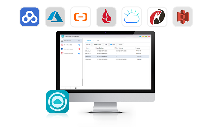 Interfaz de la aplicación Cloud Backup Center en una computadora, mostrando cómo podés gestionar copias de seguridad a distintos servicios en la nube como Azure y Backblaze, cuyos iconos están en la parte superior.