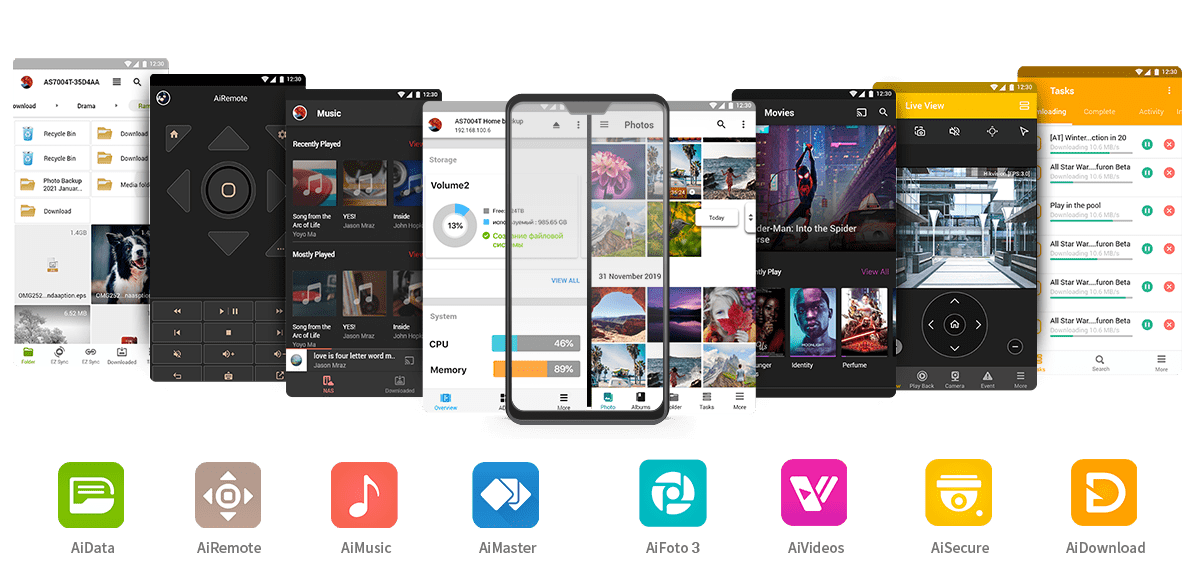 Varias capturas de pantalla de aplicaciones móviles de Asustor que muestran interfaces para gestión de archivos, control remoto, música, administración del sistema, fotos, videos, vigilancia y descargas, acompañadas por sus respectivos íconos en la parte inferior: AiData, AiRemote, AiMusic, AiMaster, AiFoto 3, AiVideos, AiSecure y AiDownload.