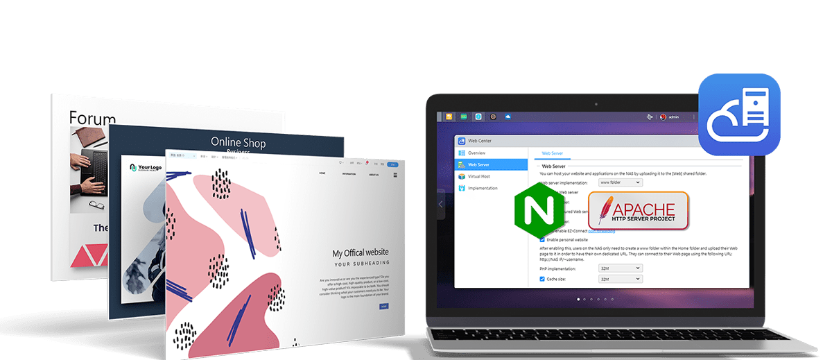 Interfaz de Web Center en una notebook mostrando opciones de servidor web con logos de Nginx y Apache, junto a ejemplos de sitios web como una tienda online y un foro que podés alojar en tu NAS.