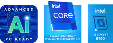 Icono Ready For Advanced AI PC, Icono del procesador Intel® Core, soporta procesadores Intel® Core de 14ª, 13ª y 12ª generación. Icono del chipset Intel® B760