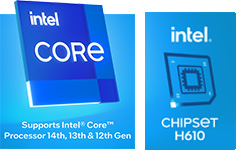 Icono del procesador Intel® Core, soporta procesadores Intel® Core de 14ª, 13ª y 12ª generación. Icono del chipset Intel® H610