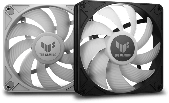 Un ventilador TUF Gaming blanco y otro negro de 140 x 28 mm uno al lado del otro