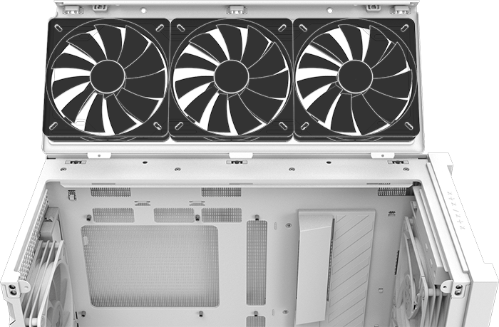 Vista lateral del TUF Gaming GT302 mostrando el panel superior desmontable, que facilita y simplifica la instalación del radiador o los ventiladores de un disipador AIO.