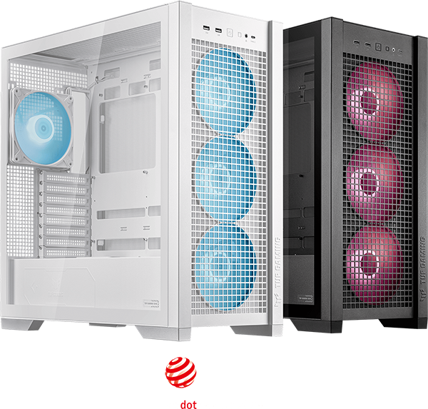 Un gabinete TUF Gaming GT302 ARGB negro y otro blanco, uno al lado del otro. Abajo a la derecha está el logo de reddot y un texto que dice en inglés: reddot winner 2024.