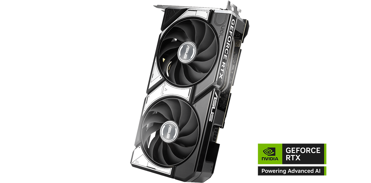 Placa de video ASUS Dual GeForce RTX™ 5060 8GB GDDR7 OC Edition. Logo NVIDIA GEFORCE RTX Powering Advanced AI