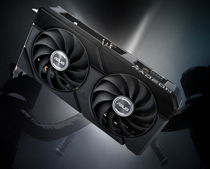 Vista frontal de la tarjeta gráfica ASUS Dual Radeon RX 7600 XT