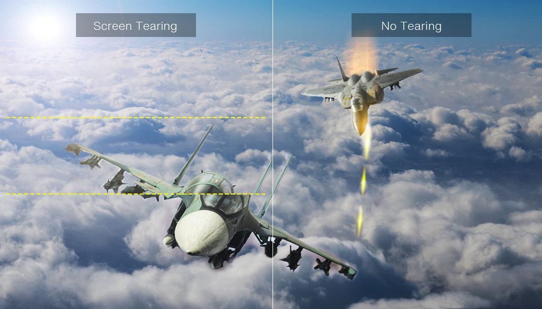 Comparación de juego aéreo con screen tearing y sin tearing para mostrar una experiencia gaming más fluida
