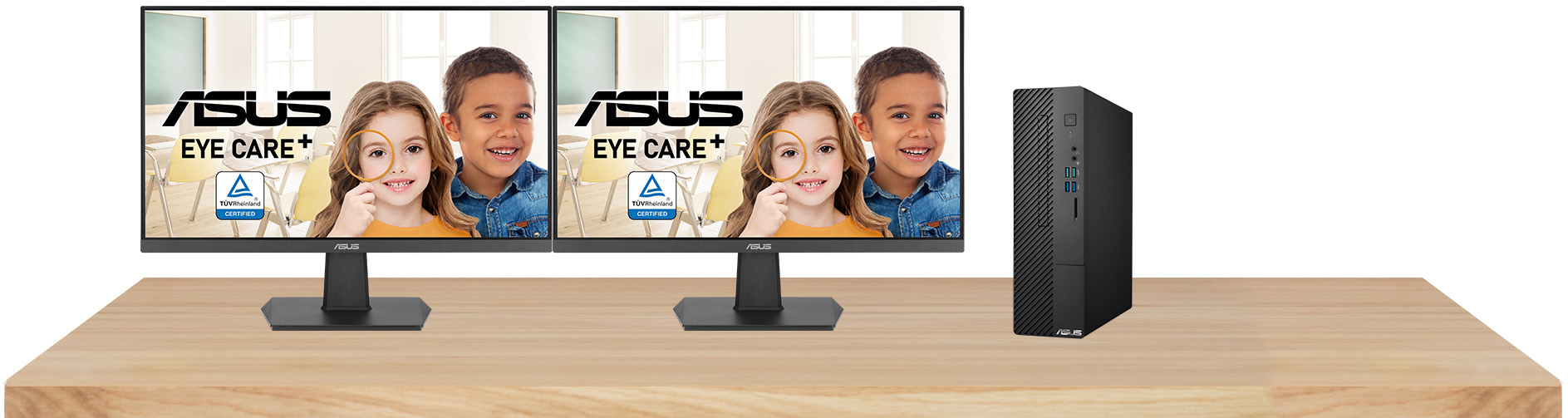 Dos monitores ASUS VA27EHF Eye Care Gaming con diseño sin marco en una configuración multipantalla junto a una PC ASUS
