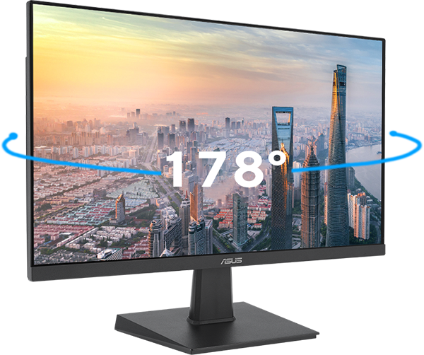Monitor ASUS VA27EHF Eye Care Gaming con ángulo de visión amplio de 178° mostrando una ciudad en pantalla