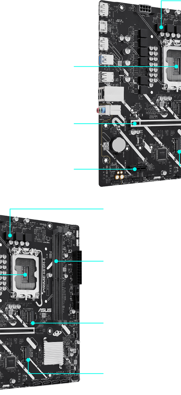 Motherboard ASUS PRIME H810M-E con conectores y ranuras principales señalados, incluyendo soporte Intel Core Ultra, DDR5, PCIe 4.0 y M.2