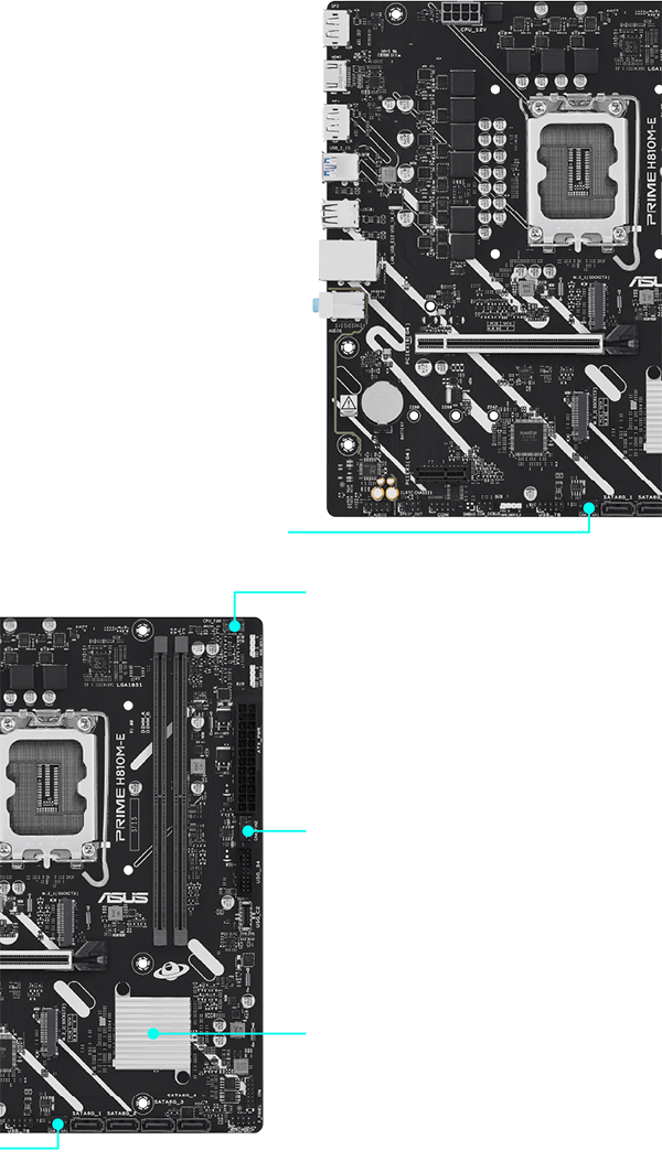 Motherboard ASUS PRIME H810M-E con cabezales de ventilador y disipador del chipset señalados en la placa