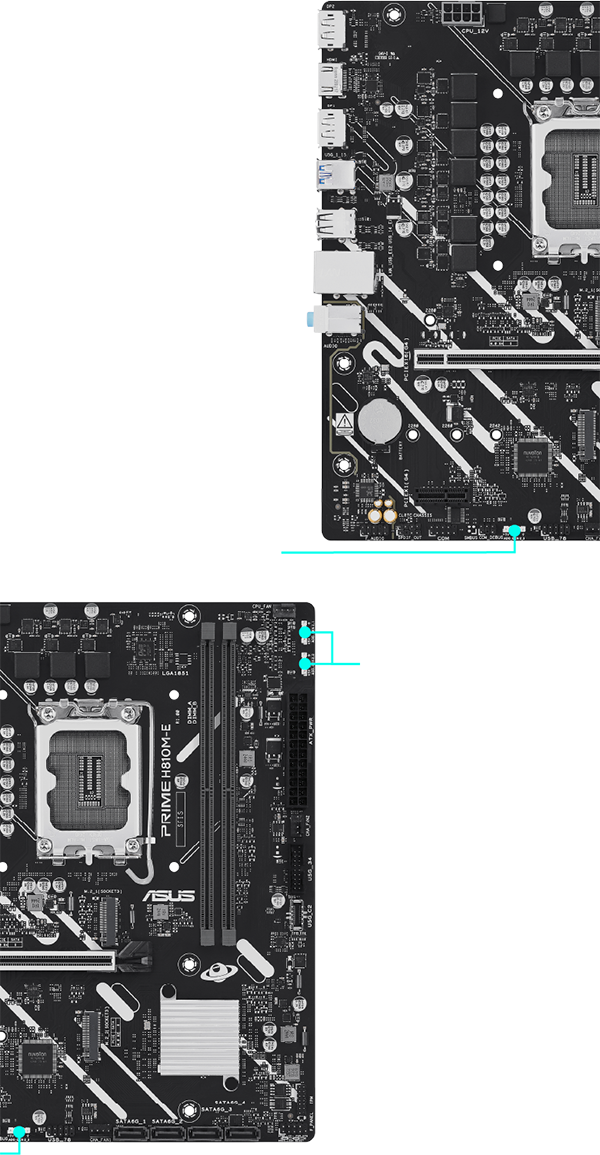 Motherboard ASUS PRIME H810M-E con cabezales RGB Gen 2 direccionables señalados en la placa