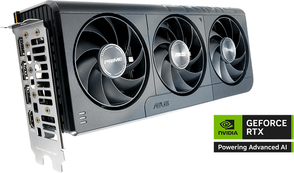 Placa de video ASUS PRIME GeForce RTX™ 5060 8GB GDDR7 OC Edition. Logo NVIDIA GEFORCE RTX Powering Advanced AI