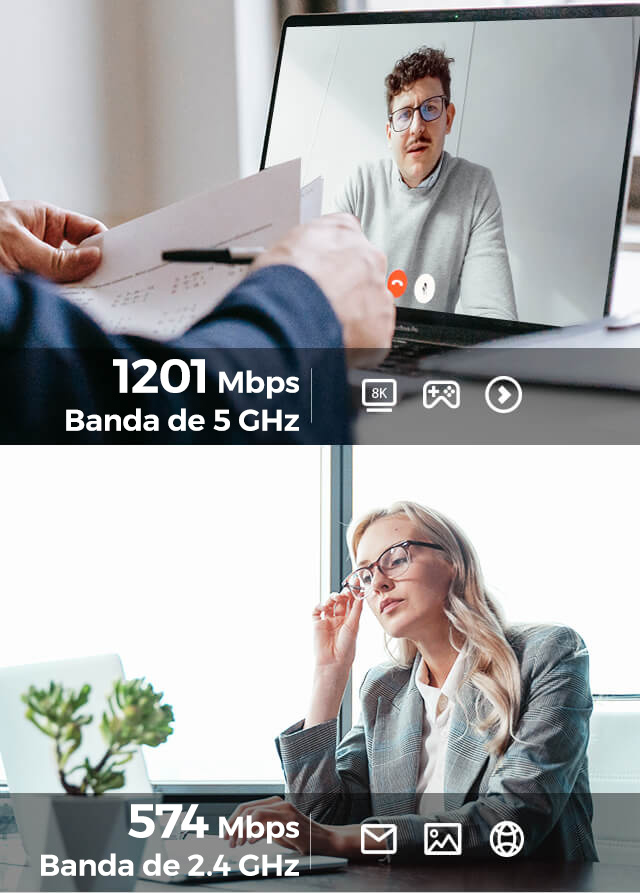 Comparativa de bandas Wi-Fi 6 del TP-Link Archer TX20U con beneficios y velocidades integrados en la imagen