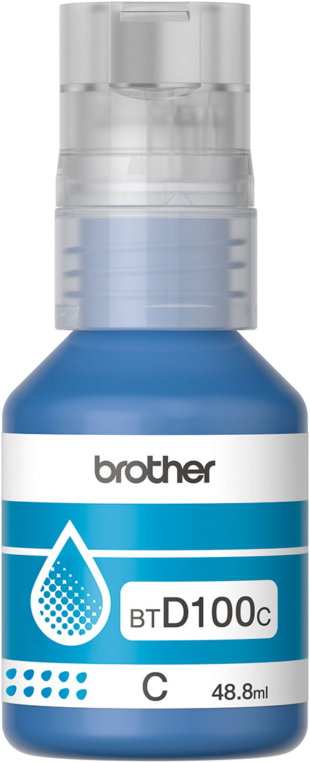Botella de tinta cian original Brother BTD100C para impresoras InkBenefit Tank.