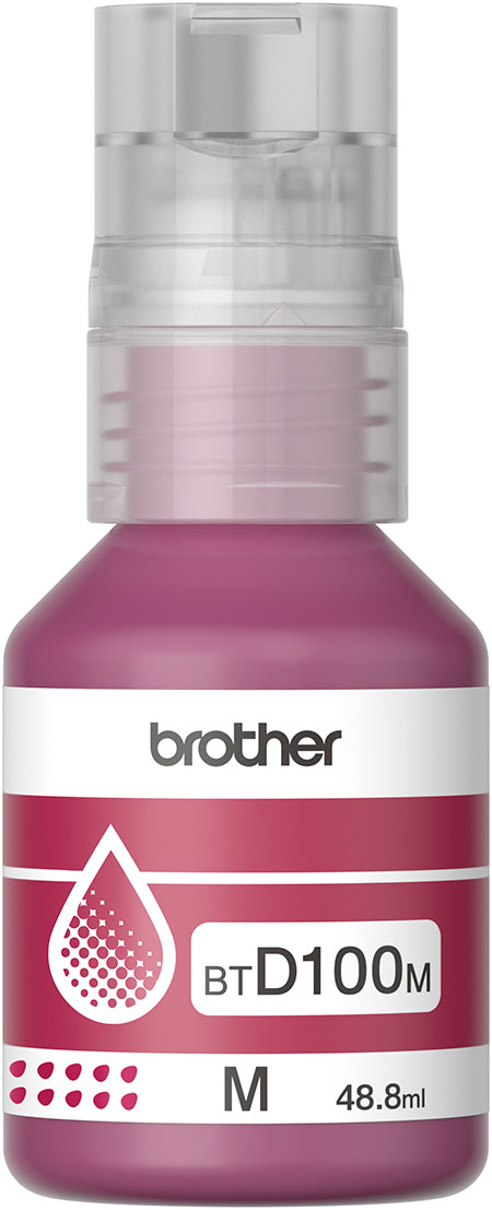 Botella de tinta magenta original Brother BTD100M para impresoras InkBenefit Tank.